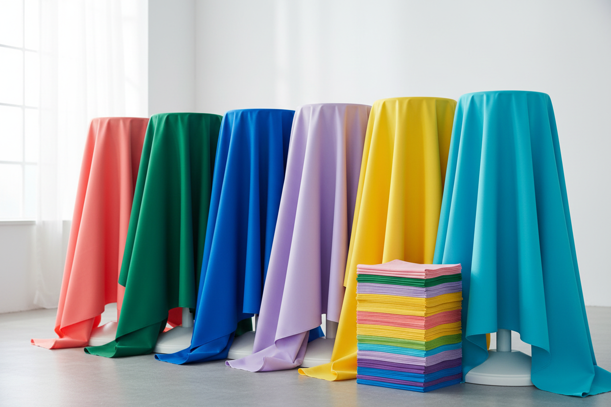 Plain polyester tablecloths with stacked napkins
