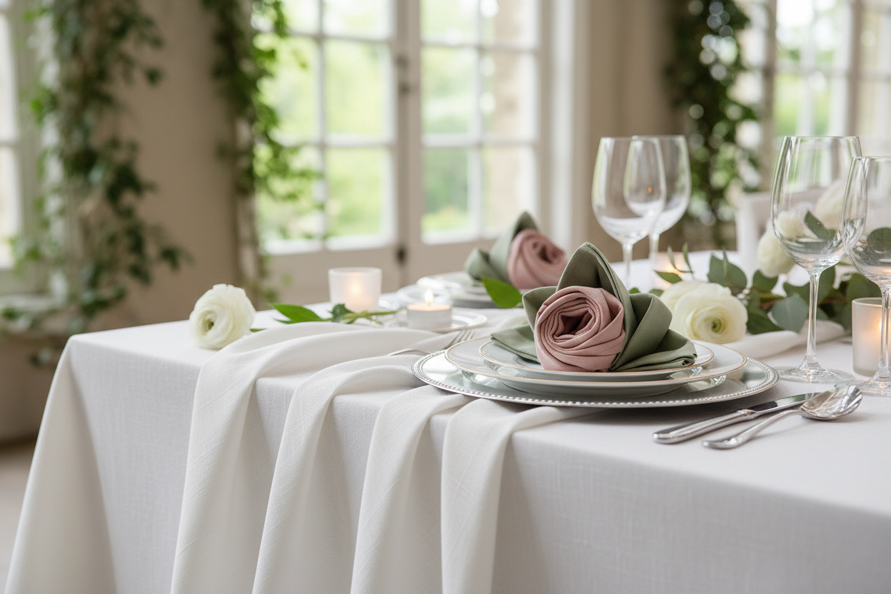 Wedding table with elegant tablecloth and napkins